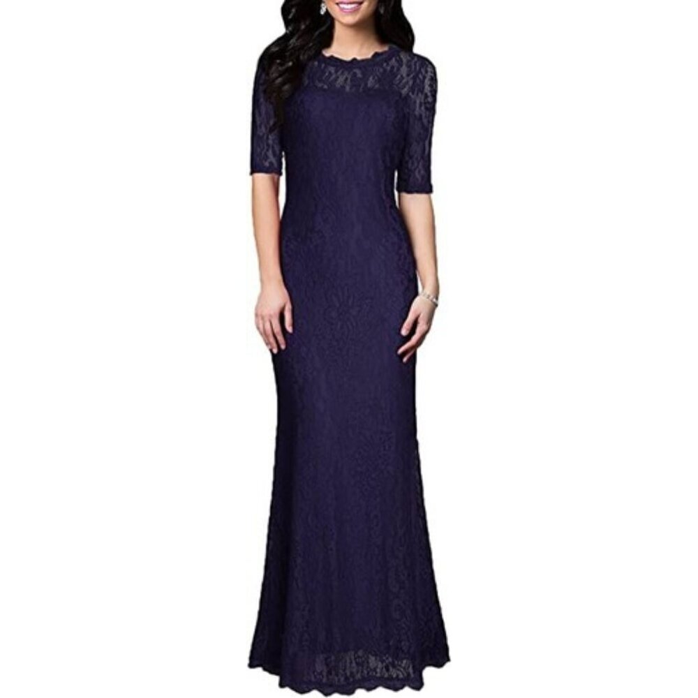 NEW Woosea Navy Blue Retro Floral Lace Half Sleeve Gown Dress L 41713